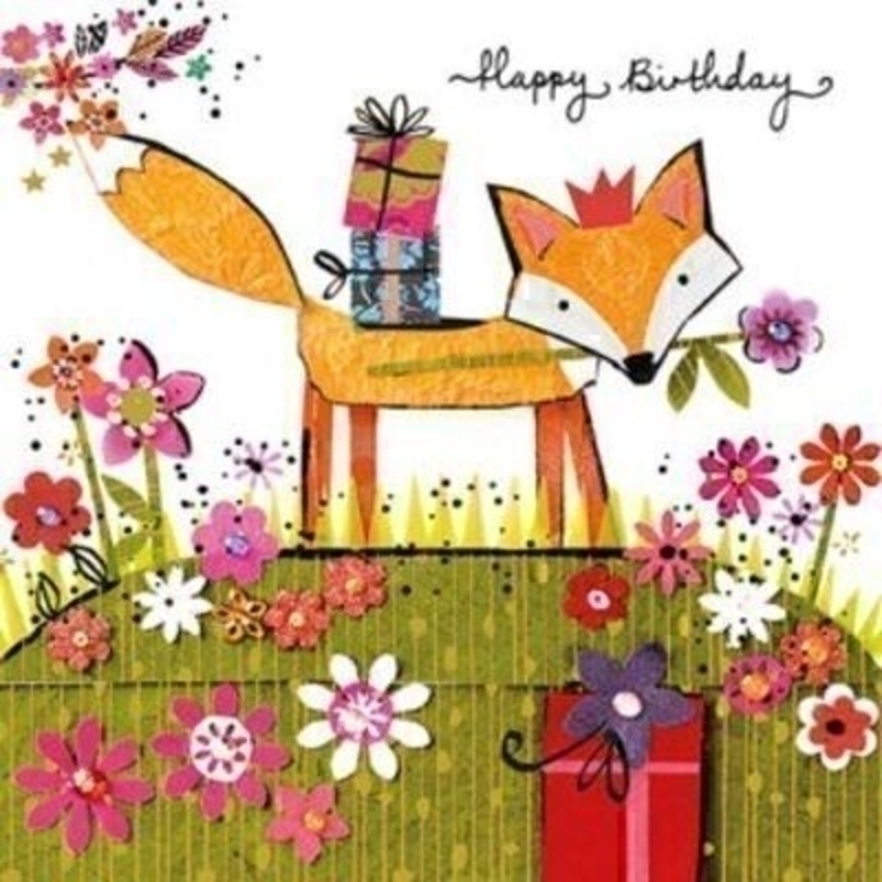 Birthday Card Birthday Fox by Paper Rose. This quality card is designed under the Artisan label for Paper Rose. It is embossed and hot foil stamped and depicts a fox with presents on his back. Happy Birthday on the front and Wishing you a birthday as special as you are on the inside. Comes with a purple envelope. Size 16x16cm